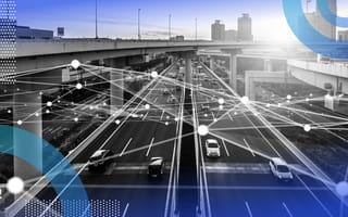 Computer Vision picture of road with cars and artificial intelligence mapping